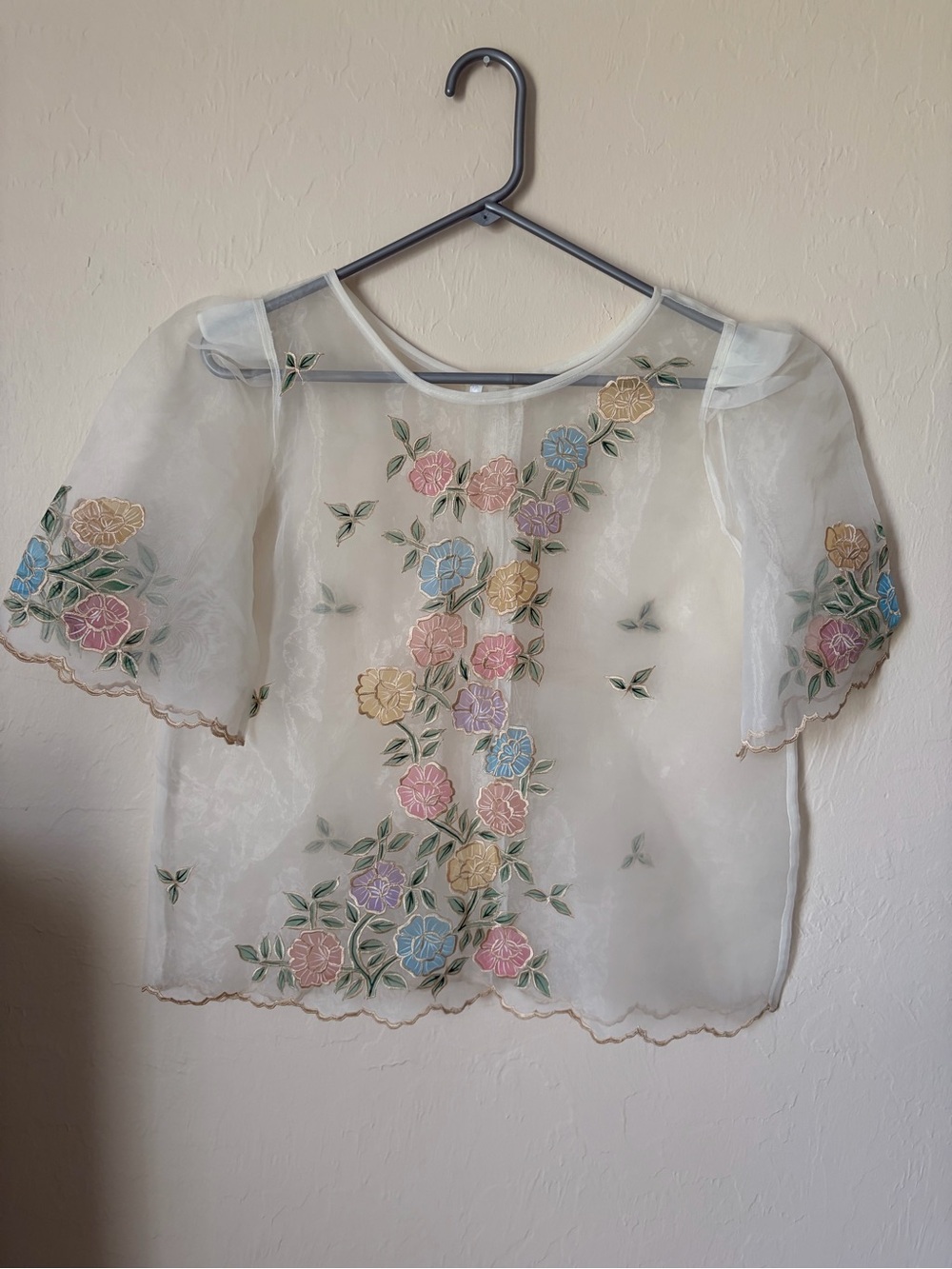 Sheer White Floral Embroidered Organza Top